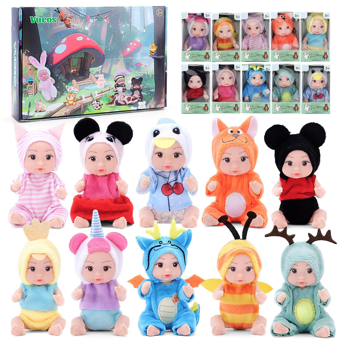 Vueos 4-inch open-eye mini doll for tiny hands and imaginative play.