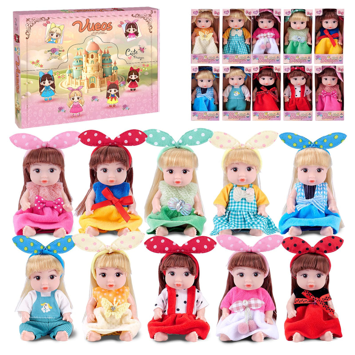 Vueos princess dolls box set featuring ten mini figures in a castle-themed box for imaginative play.