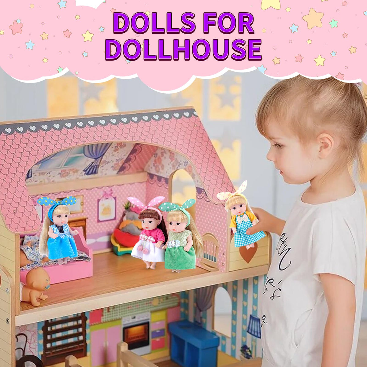 Vueos princess dolls headbands and accessories shown for pretend play enhancement.