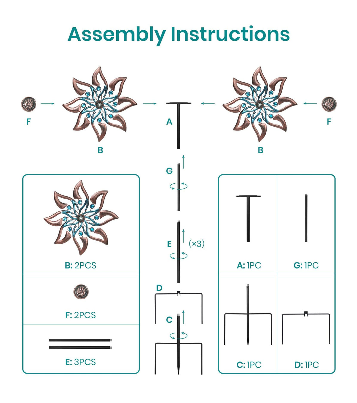 All-metal construction withstands sun and light rain for long-lasting use.