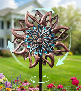 VUFOZ 360° wind spinner with dahlia-inspired copper teal blades adds garden elegance.