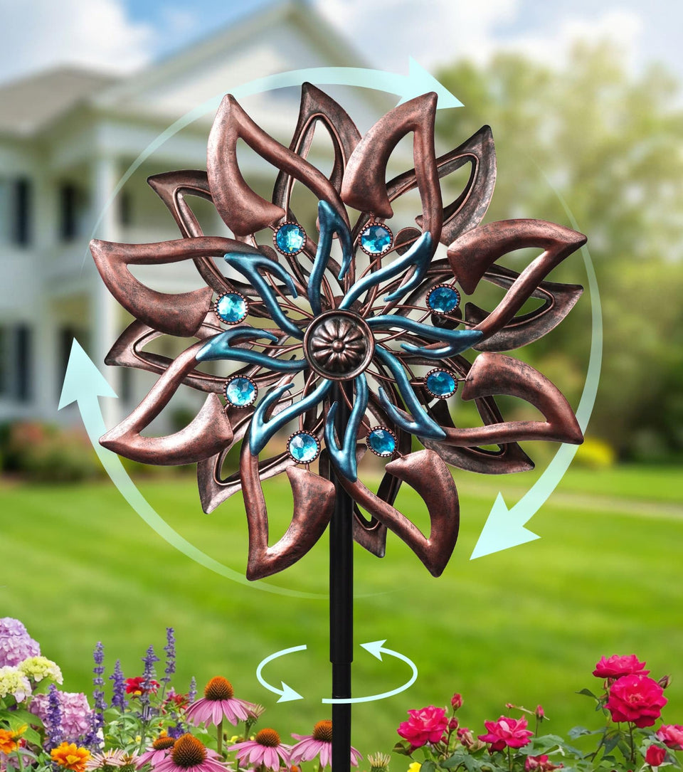VUFOZ 360° wind spinner with dahlia-inspired copper teal blades adds garden elegance.