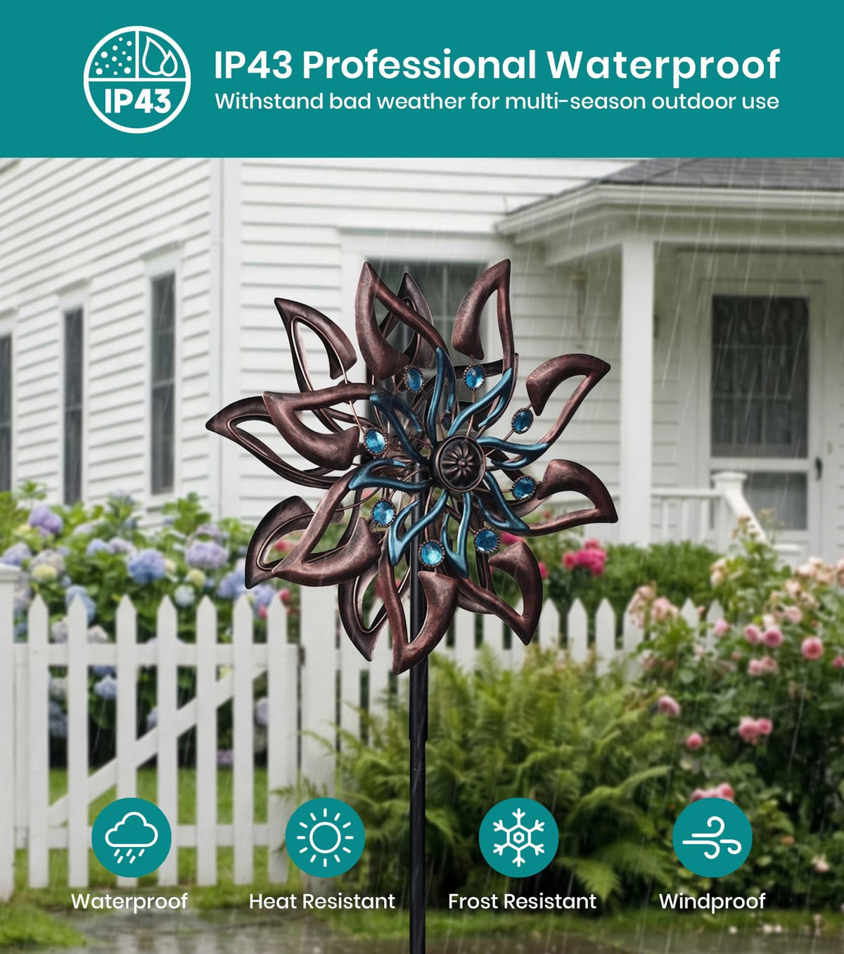 VUFOZ outdoor wind spinner accents flower beds and borders.