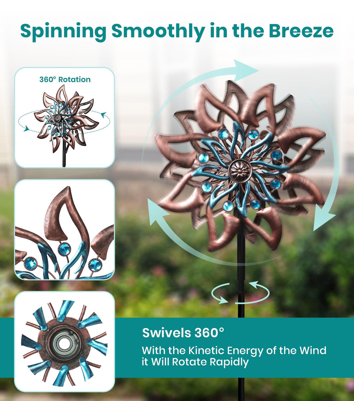 VUFOZ copper teal wind spinner enhances greenspace and stone pathways.