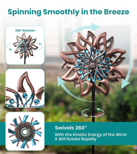 VUFOZ copper teal wind spinner enhances greenspace and stone pathways.
