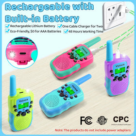 Ergonomic Vvinca walkie talkies shown in small hands for easy use.