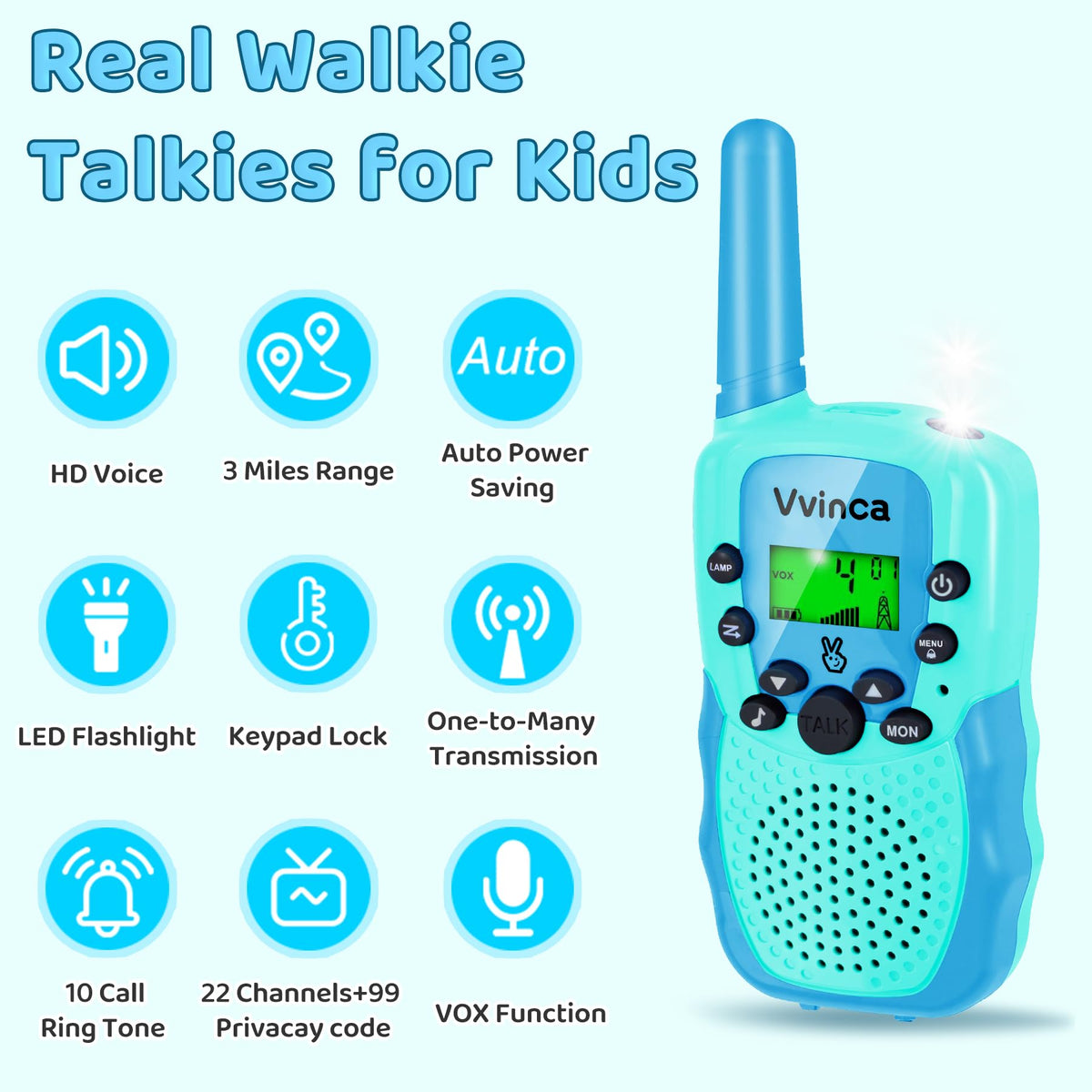 Built-in flashlight on Vvinca kid walkie talkie for nighttime exploration.