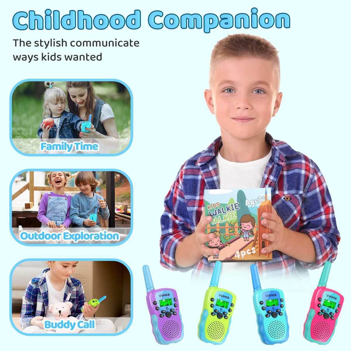 Gift-ready Vvinca walkie talkies packaging, durable and colorful.