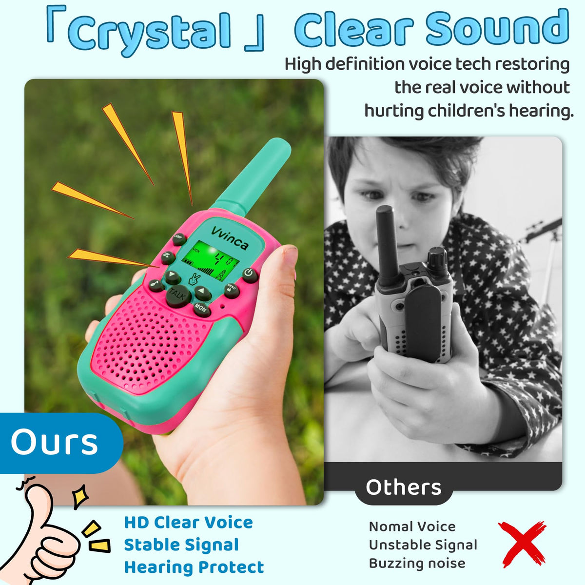 Keypad lock and private channels on Vvinca walkie talkies for kids' safety.