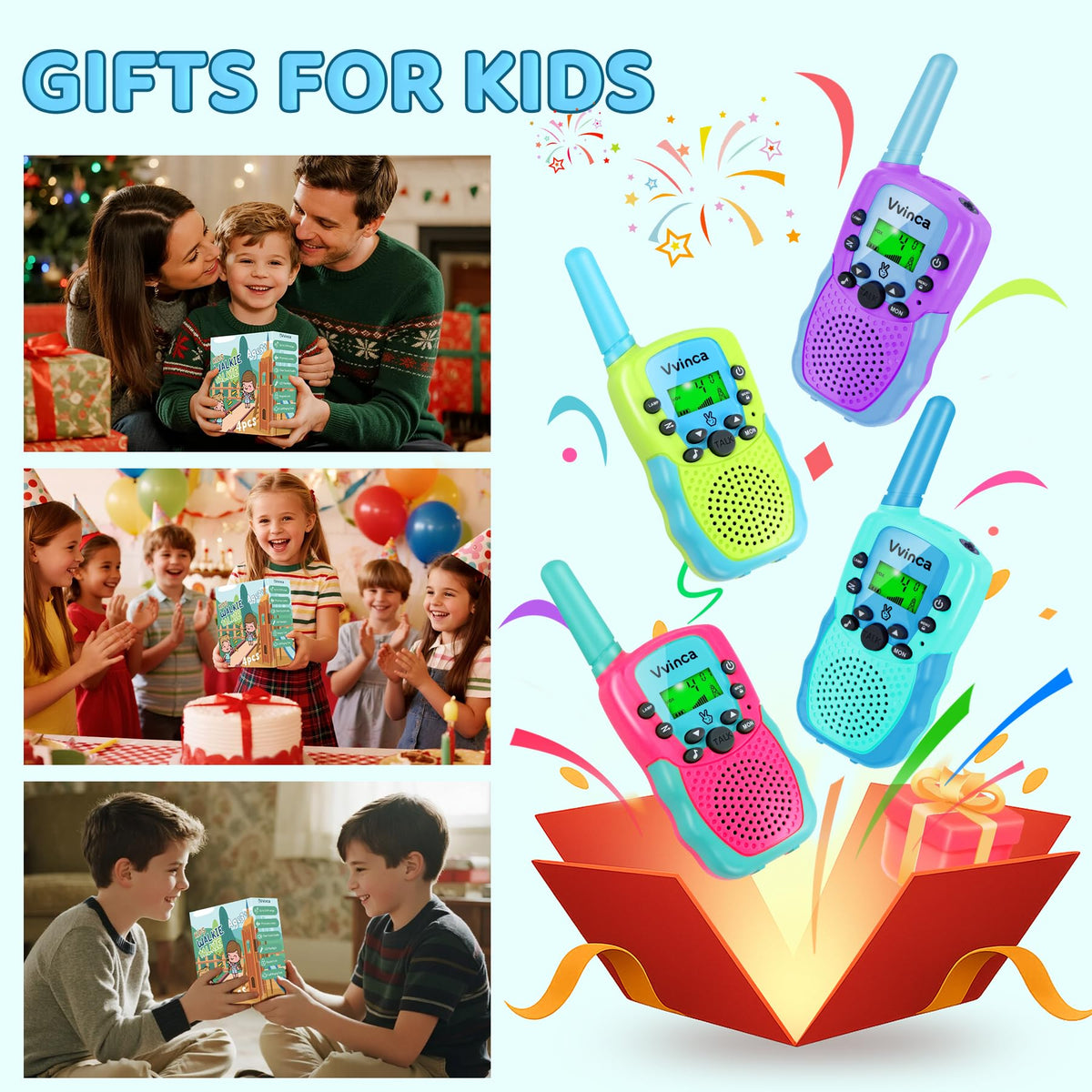 Kids using Vvinca walkie talkies on outdoor adventure with family.