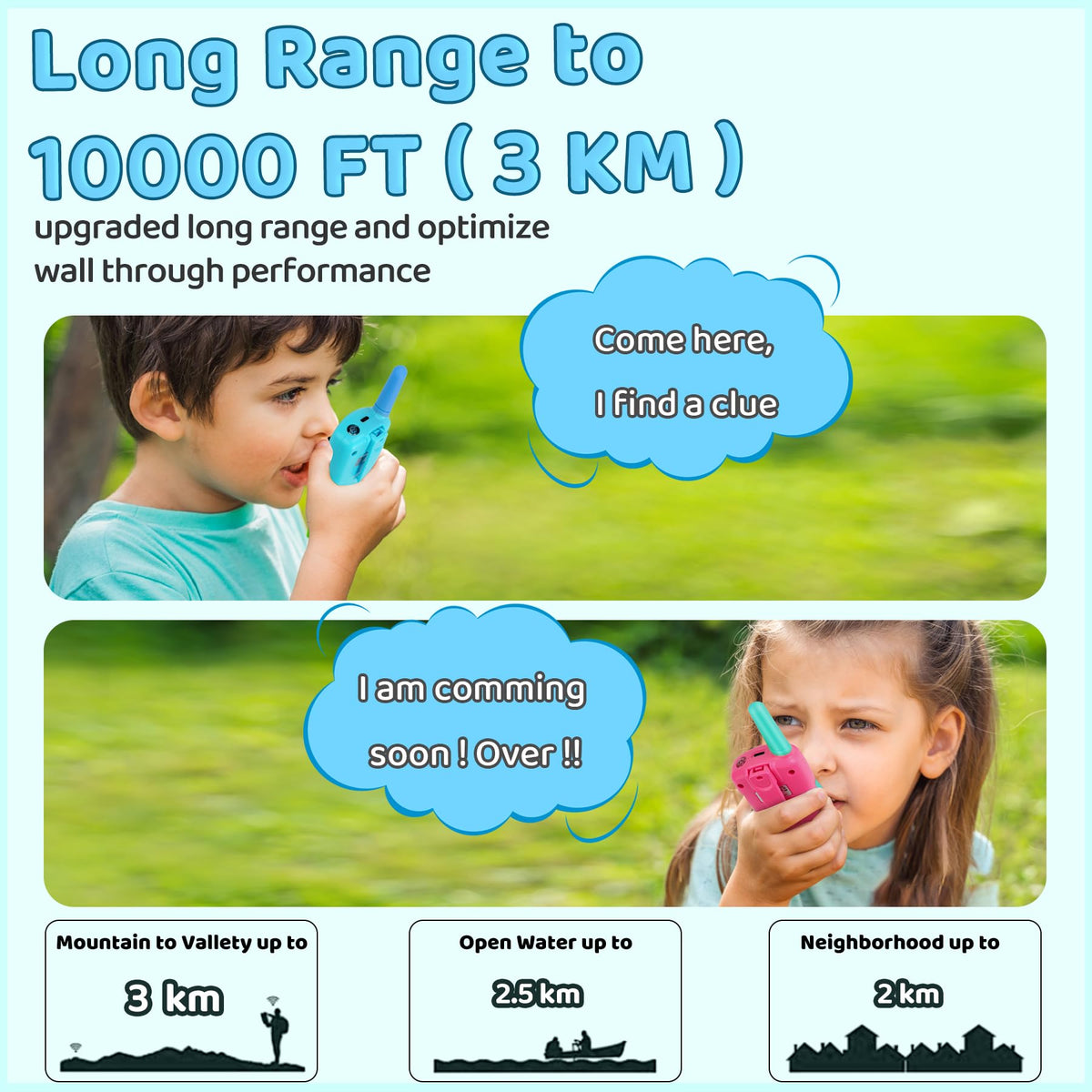 USB rechargeable battery powers Vvinca walkie talkies with longer playtime.