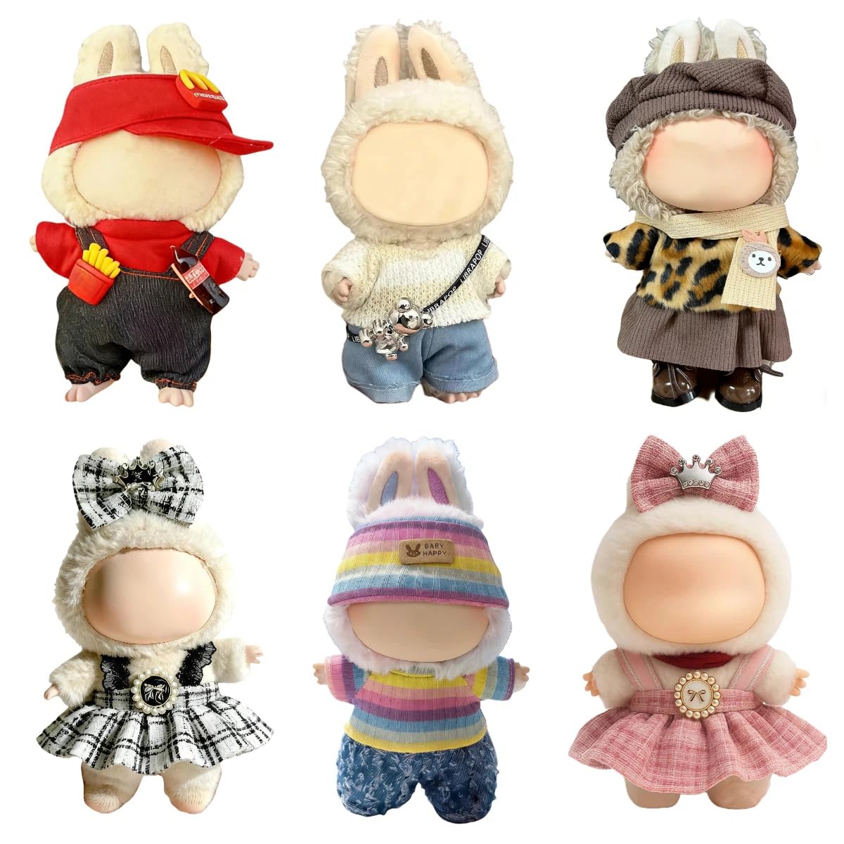 VVQUI Labubu 17cm doll clothes set on display with coordinated outfits for play.