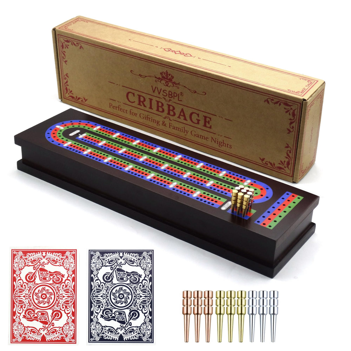 VVSBPL wooden 3-track cribbage board designed for family play.