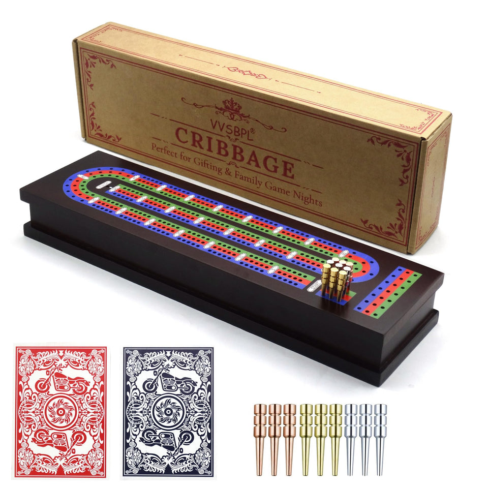 VVSBPL wooden 3-track cribbage board designed for family play.