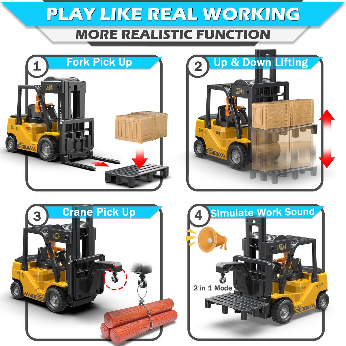VWAHNANA RC forklift horn, lights, and spray effects for immersive pretend work.