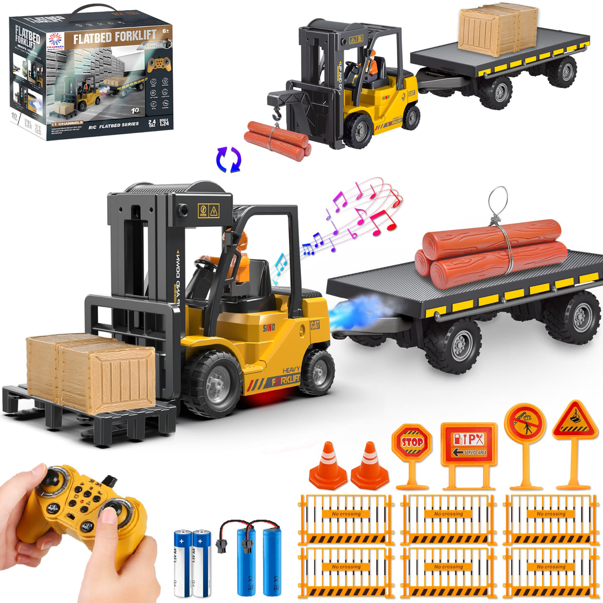 VWAHNANA RC forklift trailer front view for immersive play and realistic controls.