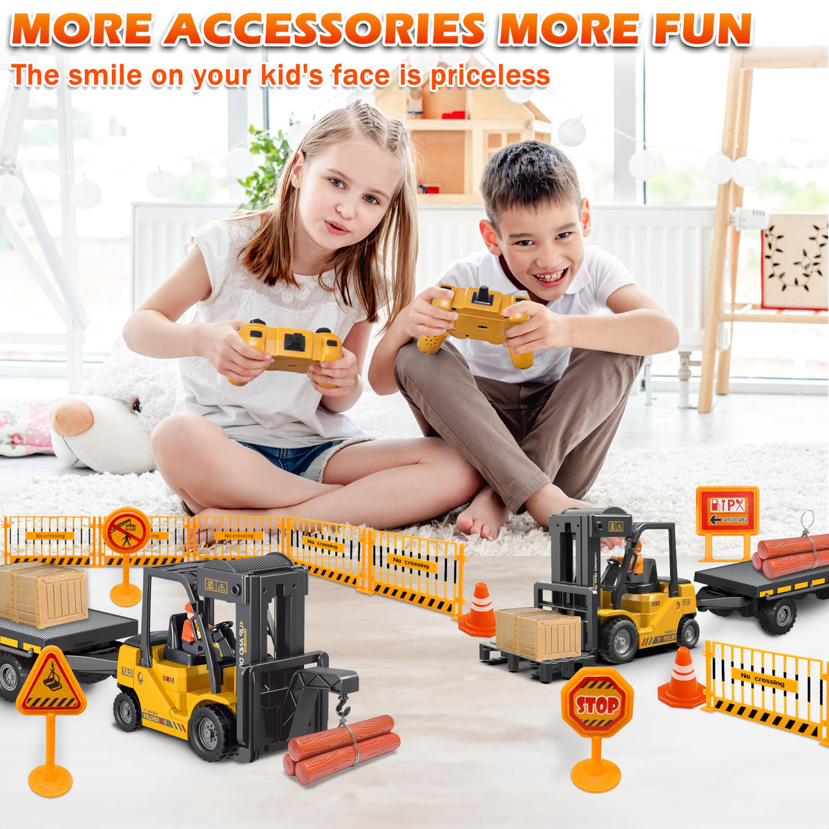 VWAHNANA RC forklift trailer lights and exhaust boost nighttime play realism.