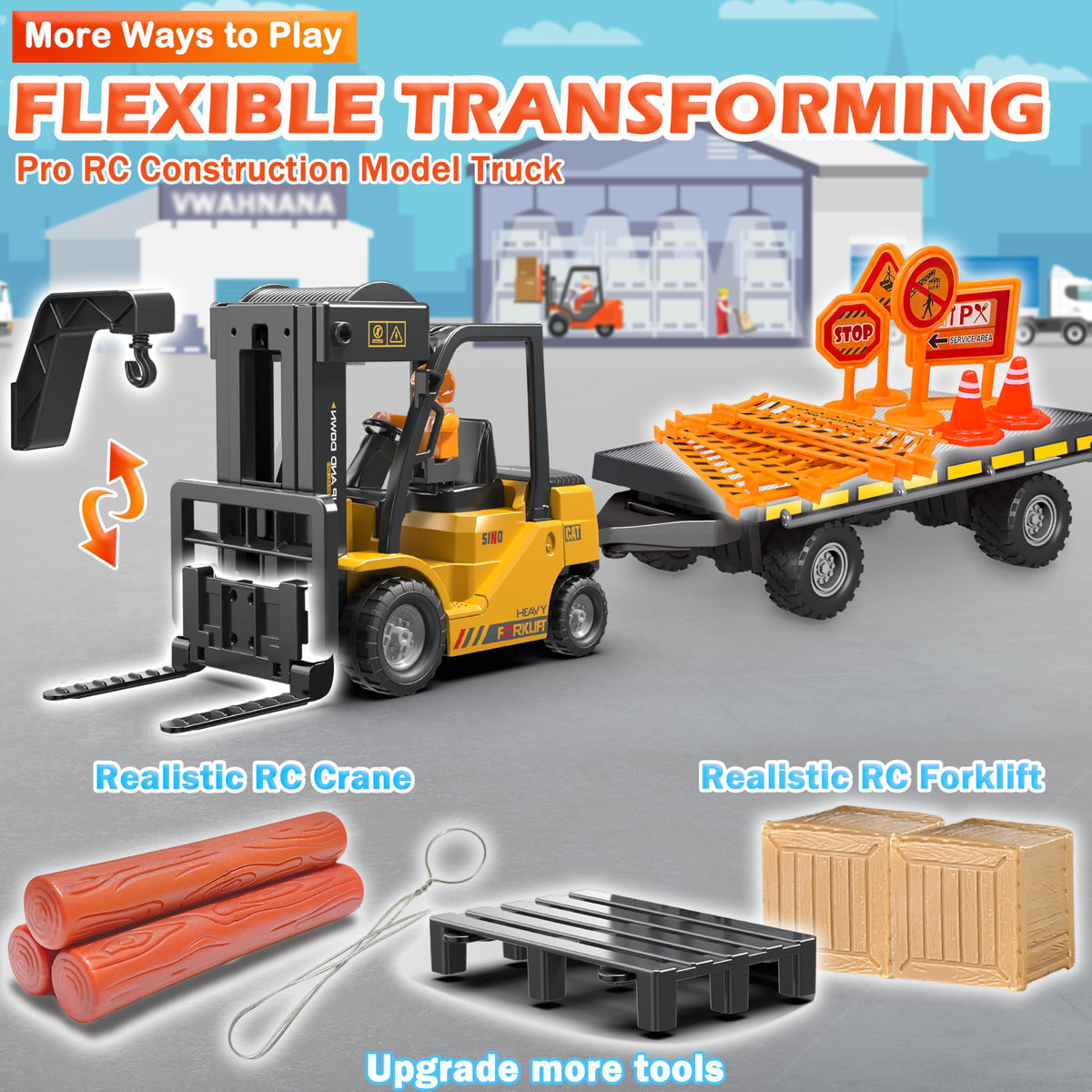 VWAHNANA RC forklift trailer side view enables imaginative construction play.