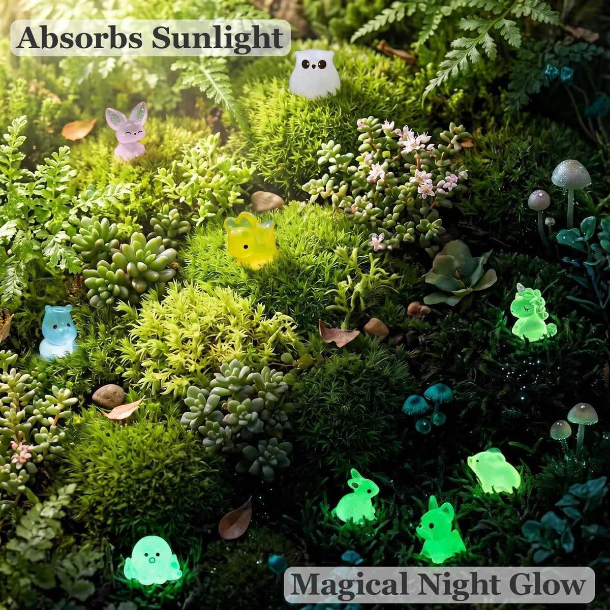 VYNTALIX glow-in-the-dark mini figurines charging in sunlight for night scenes