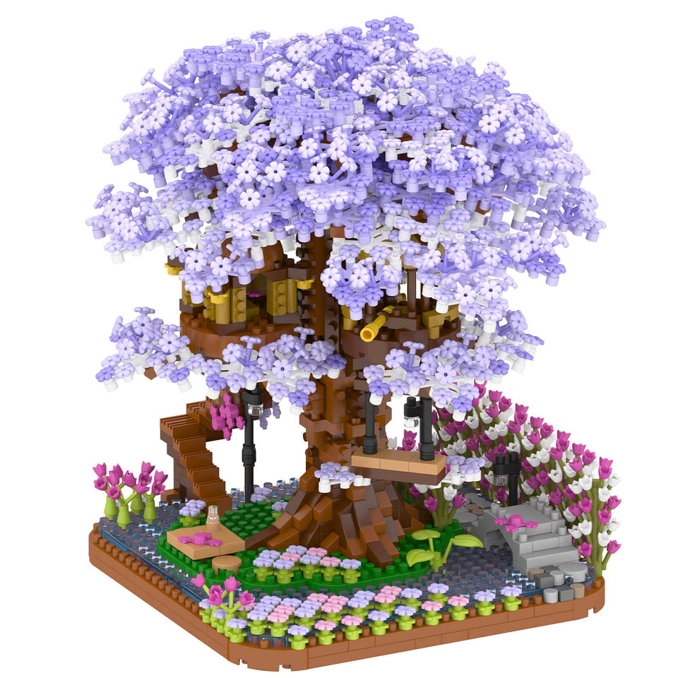 Vziimo Cherry Blossom Bonsai Tree House model with intricate 2200-piece build for display.