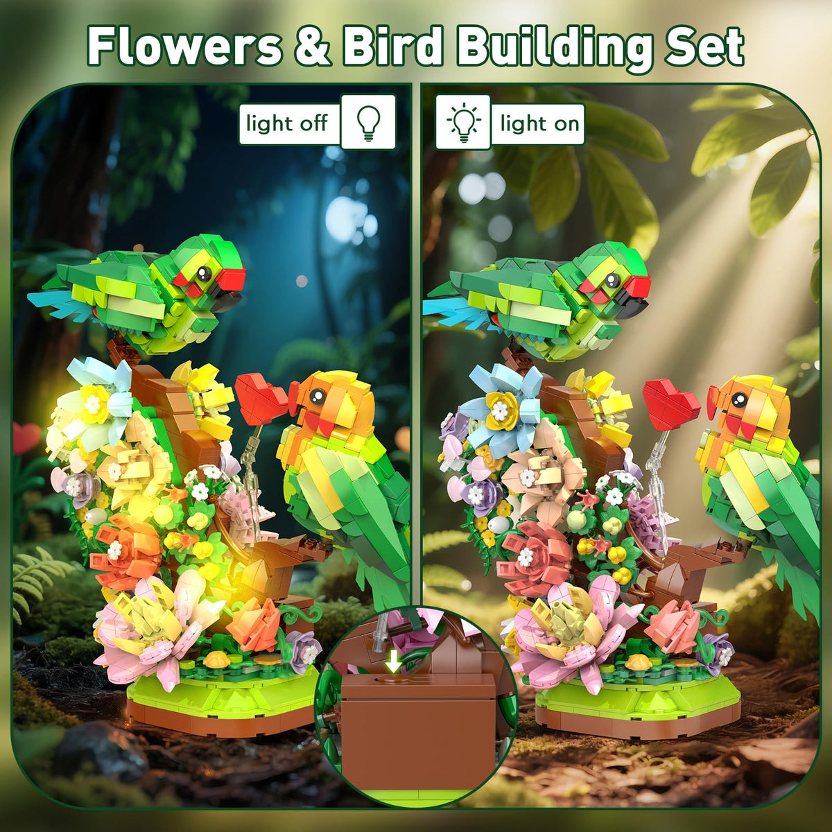 Vziimo Floral Parrot Display DIY model enhances desk or shelf presence.