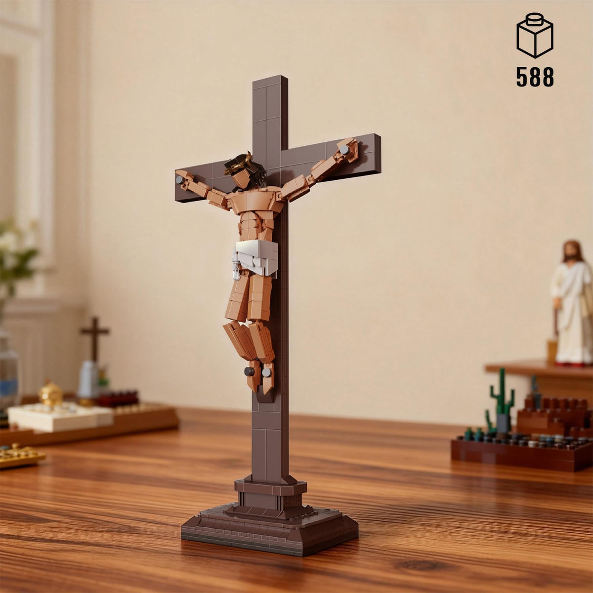 Vziimo Jesus Cross Building Set office decor with serene religious motif.