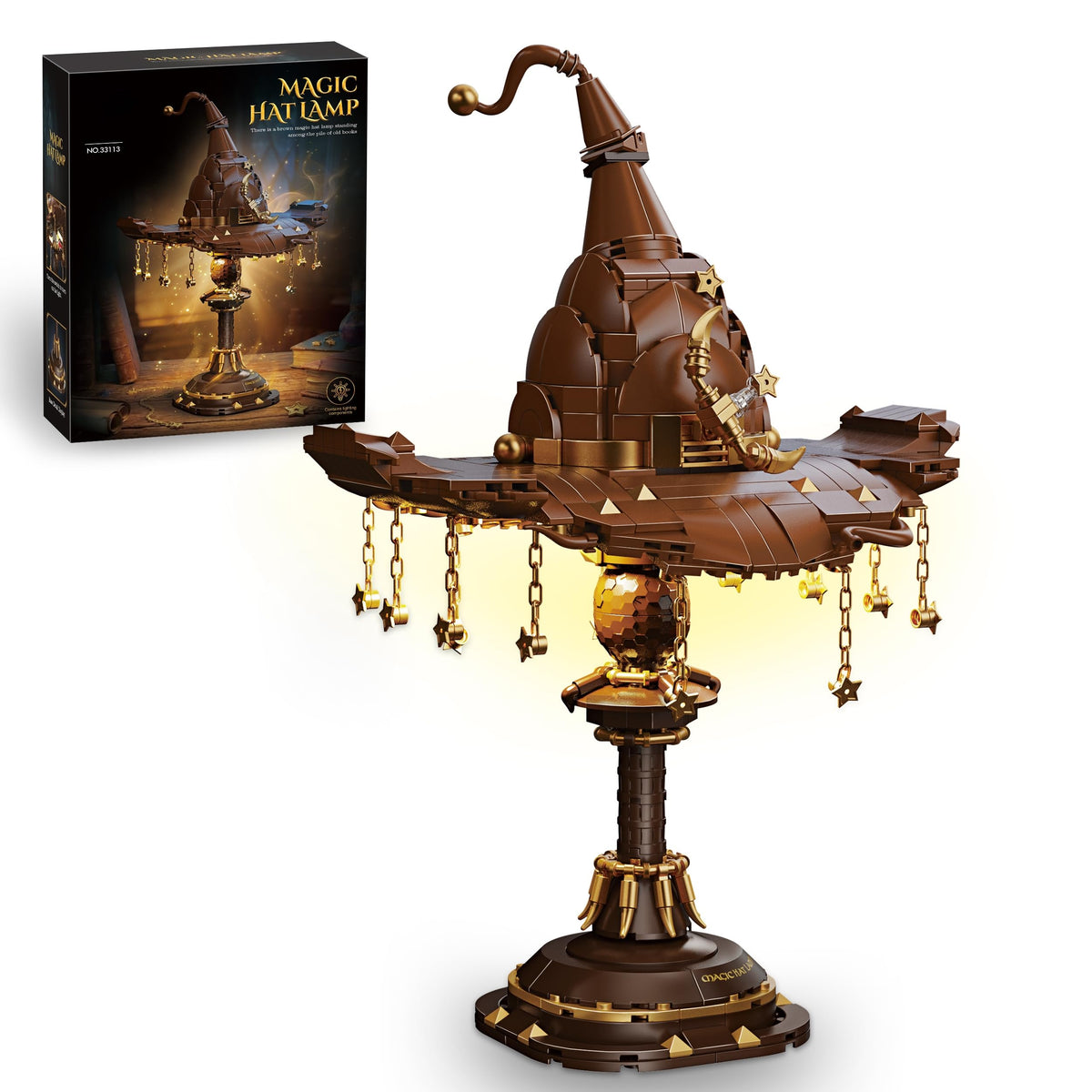 Vziimo Magic Hat Lamp shows brown and gold bricks forming a wizard hat for desk décor