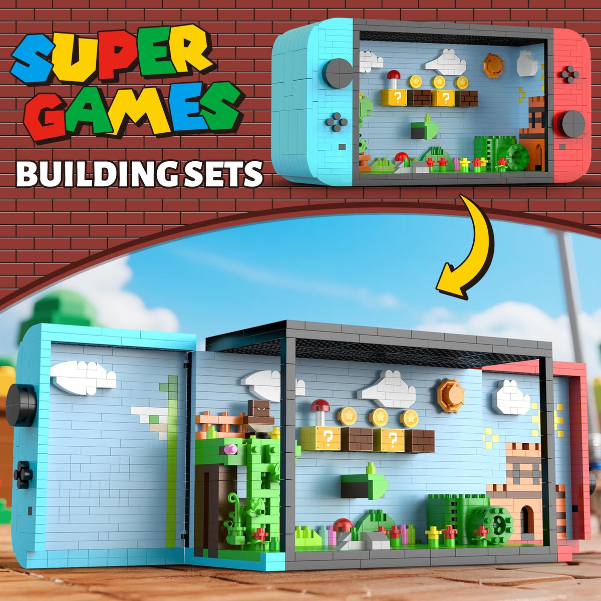 Vziimo Super Player module highlights interlocking bricks and character figures.