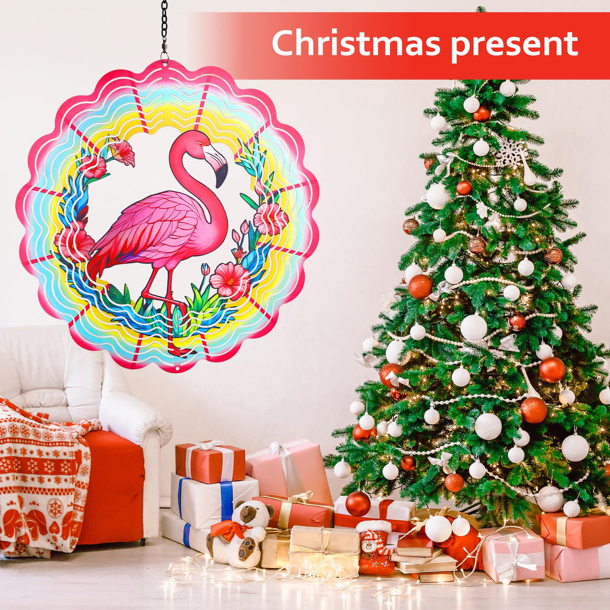 WACLSTDAY 3D kinetic flamingo spins vividly, creating dynamic visual interest.