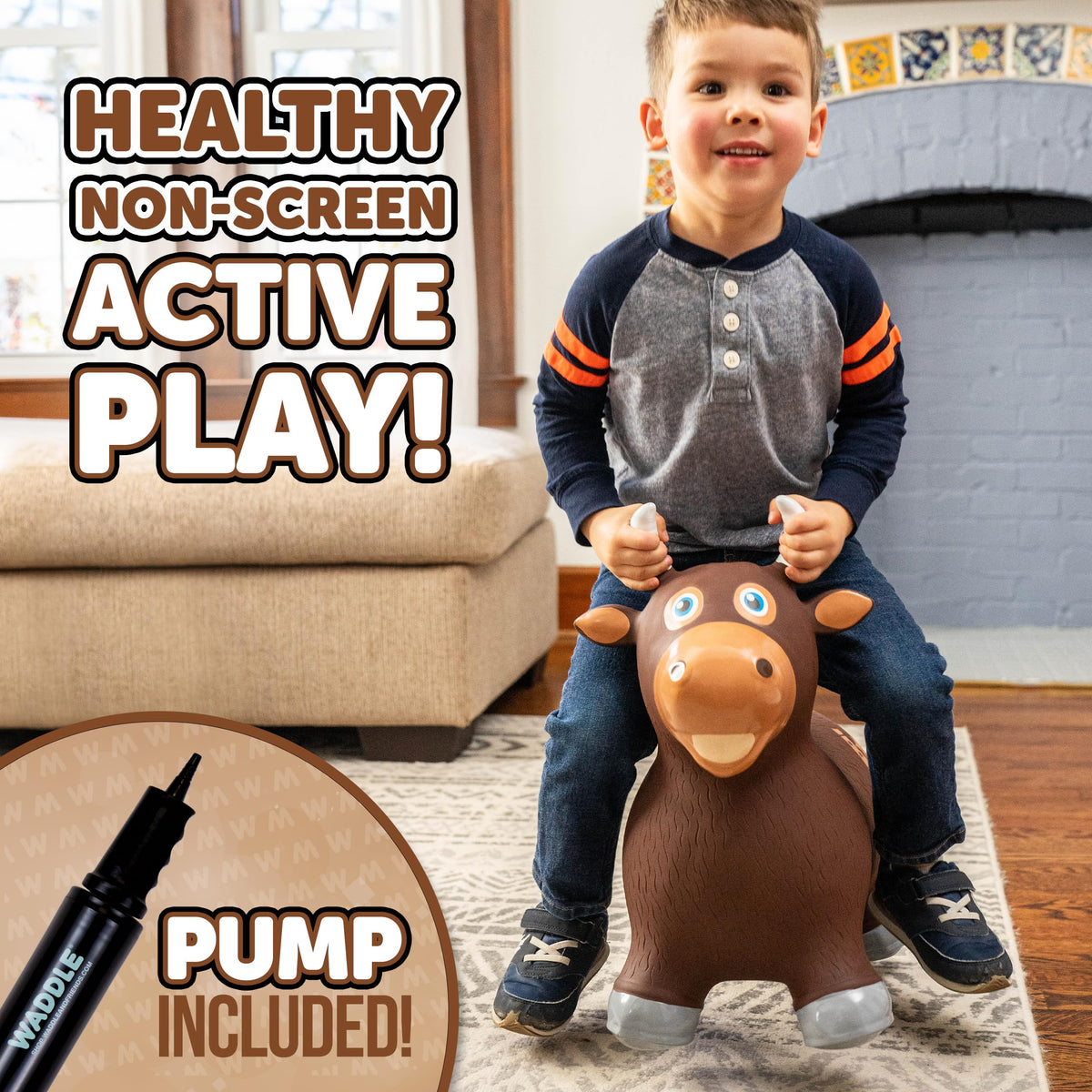 WADDLE Bouncy Hopper Brown Bull on ears, inviting bouncing adventures.