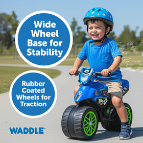 WADDLE Kids Bike dimensions image shows compact size for small spaces.