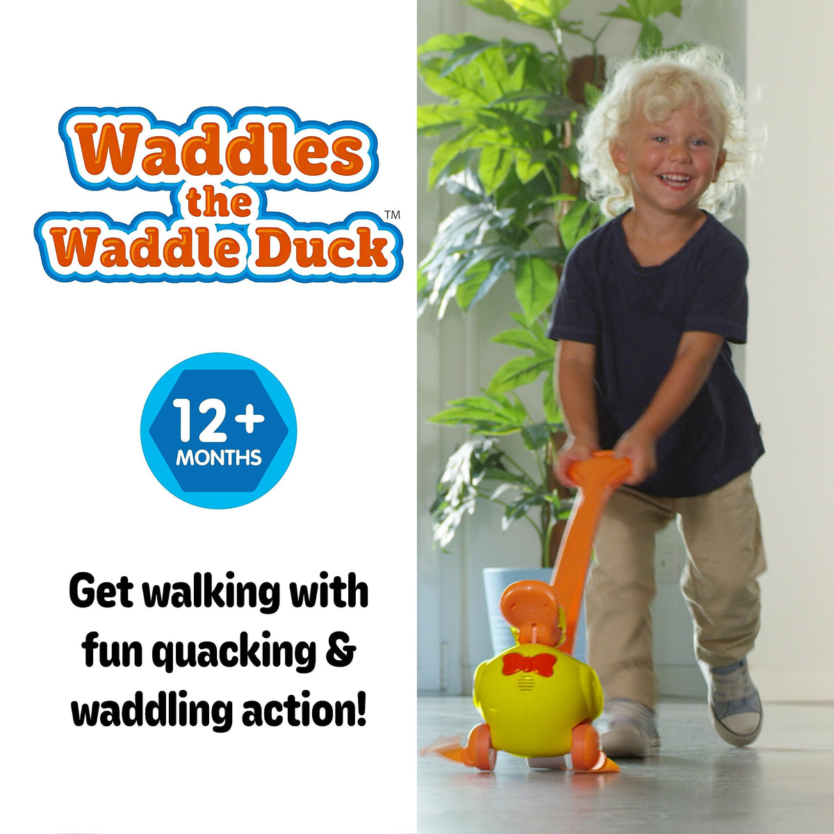 Waddles the Waddle Duck waddling action encourages toddlers to take steady steps.