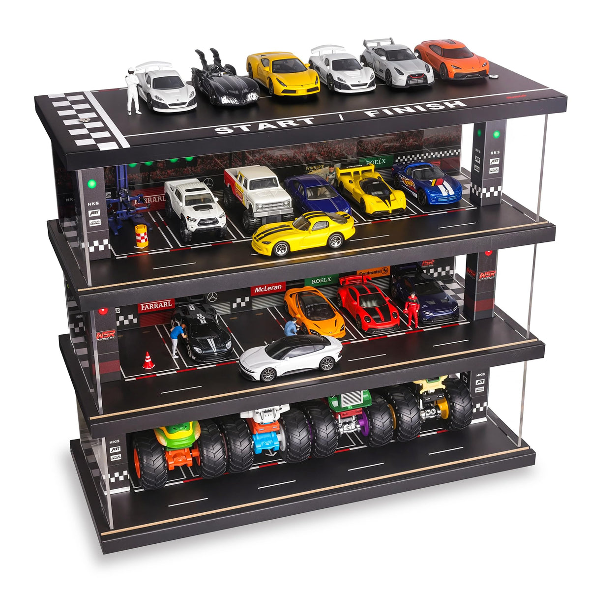Waivvy display case with 4-level layout showcases 1:64 cars clearly under LED lighting.