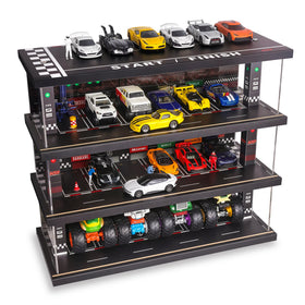 Waivvy display case with 4-level layout showcases 1:64 cars clearly under LED lighting.