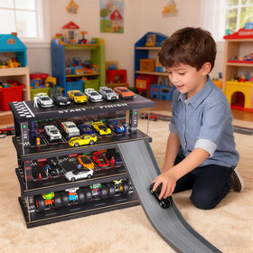 Waivvy racetrack-themed diorama includes track layout and pit-stop area.