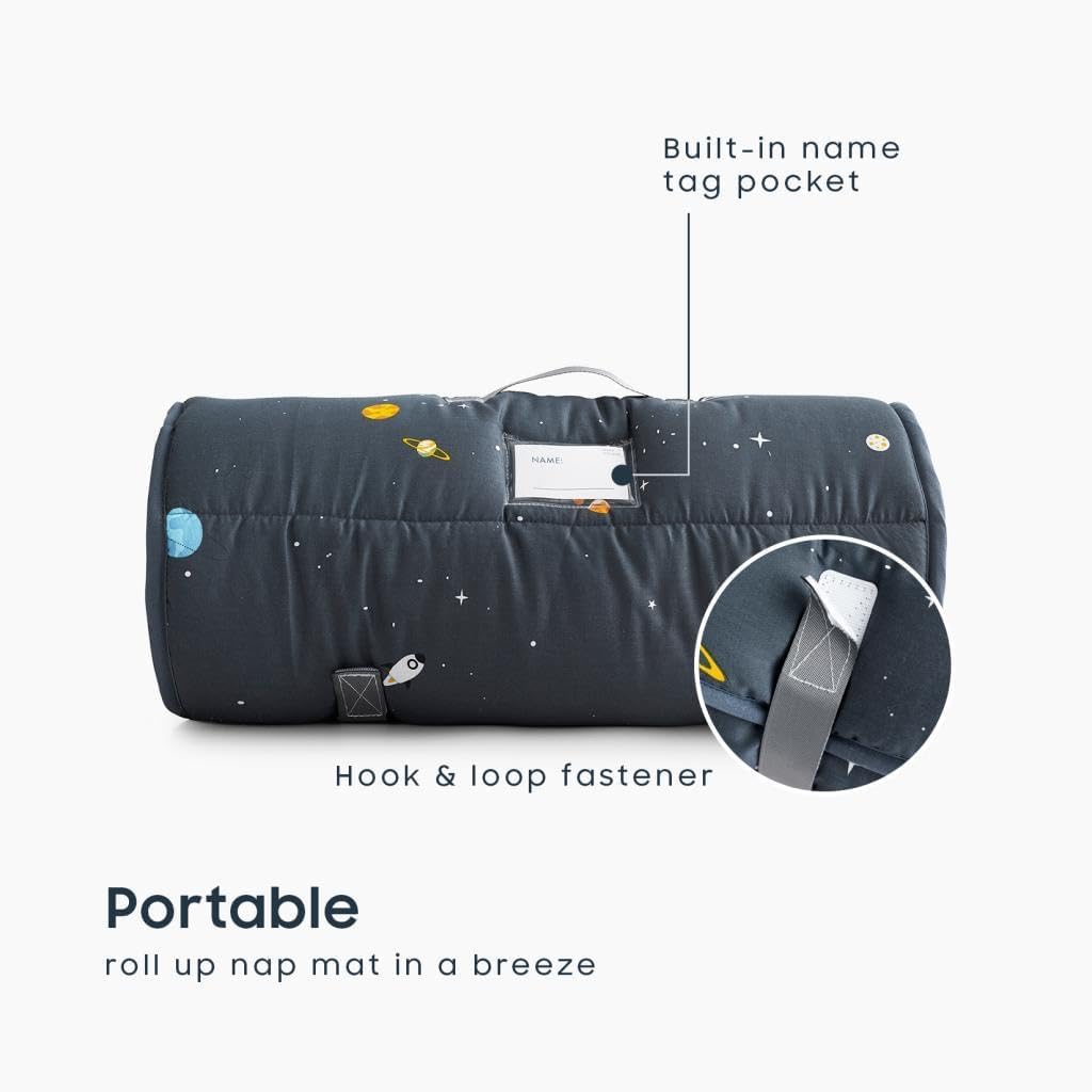 Wake In Cloud nap mat features integrated blanket for all-in-one rest.