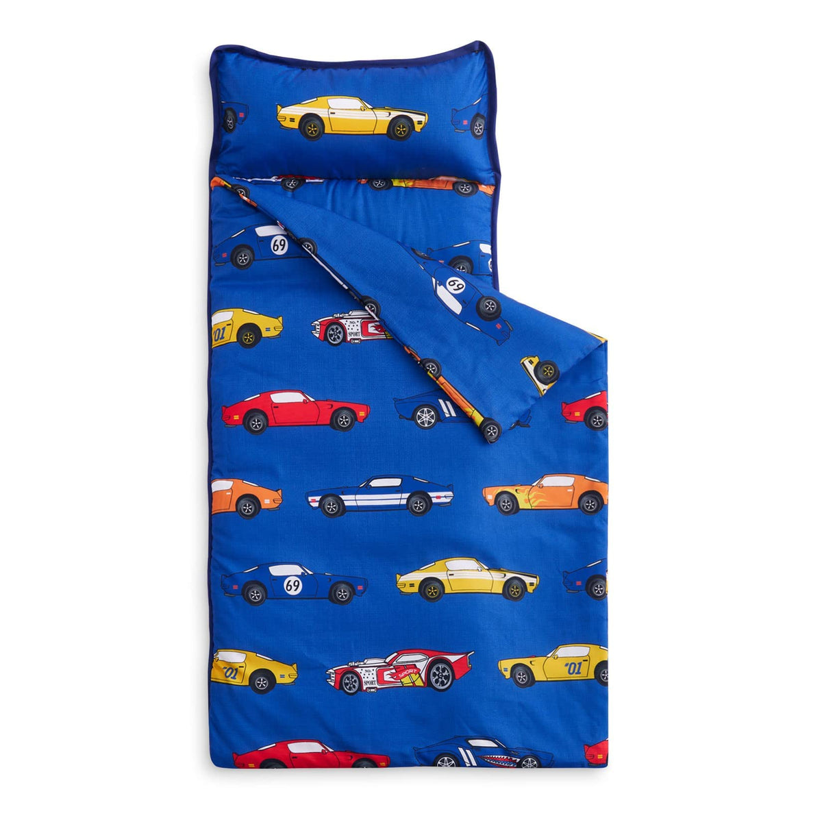Wake In Cloud nap mat with blue race cars unrolled for cozy kindergarten naps.