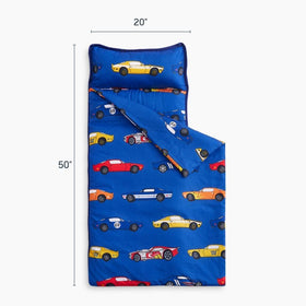 Wake In Cloud nap mat roll-up in blue with handle for easy transport.