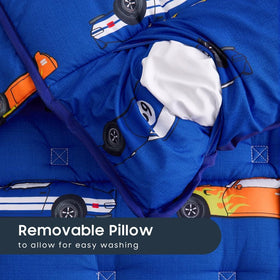 Wake In Cloud nap mat features soft blue blanket for comfort.