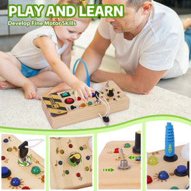 wakeInsa Wooden toddler busy board front view highlights safe, polished edges.