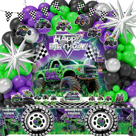 Wakeys Monster Truck arch backdrop in purple and green for standout party photos