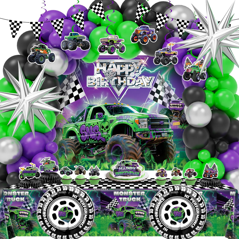 Wakeys Monster Truck arch backdrop in purple and green for standout party photos