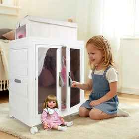 Walant armoire with windowed doors shows organized doll clothes