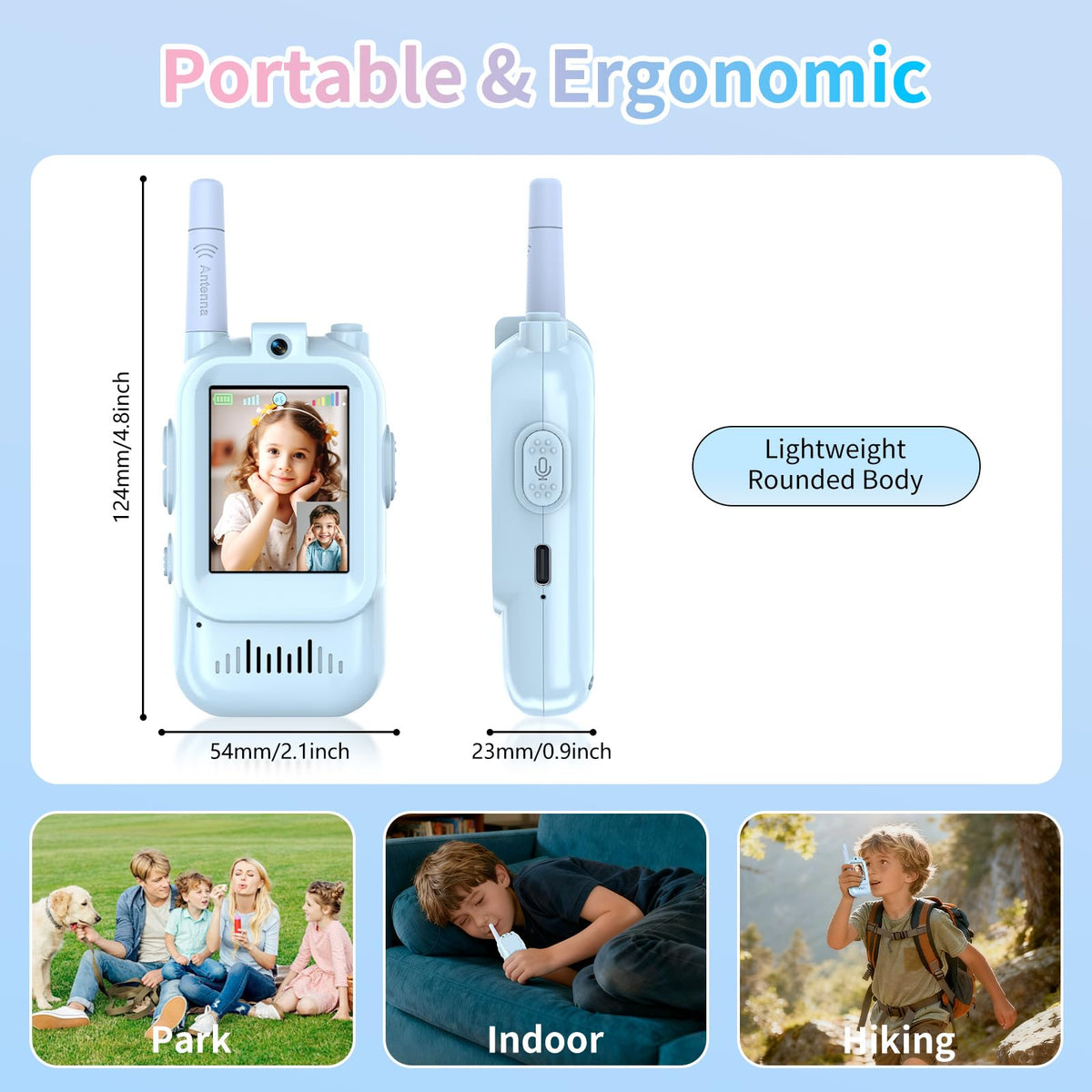 Walant walkie talkies blue screen display shown during a video chat.