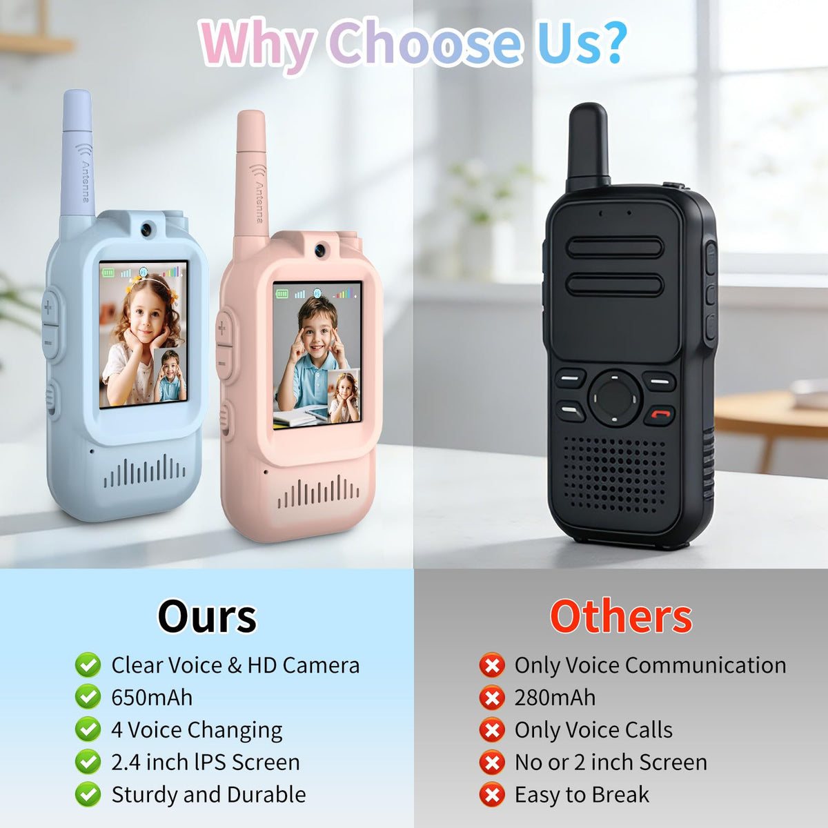 Walant walkie talkies pink with voice effects highlight creative role-play.