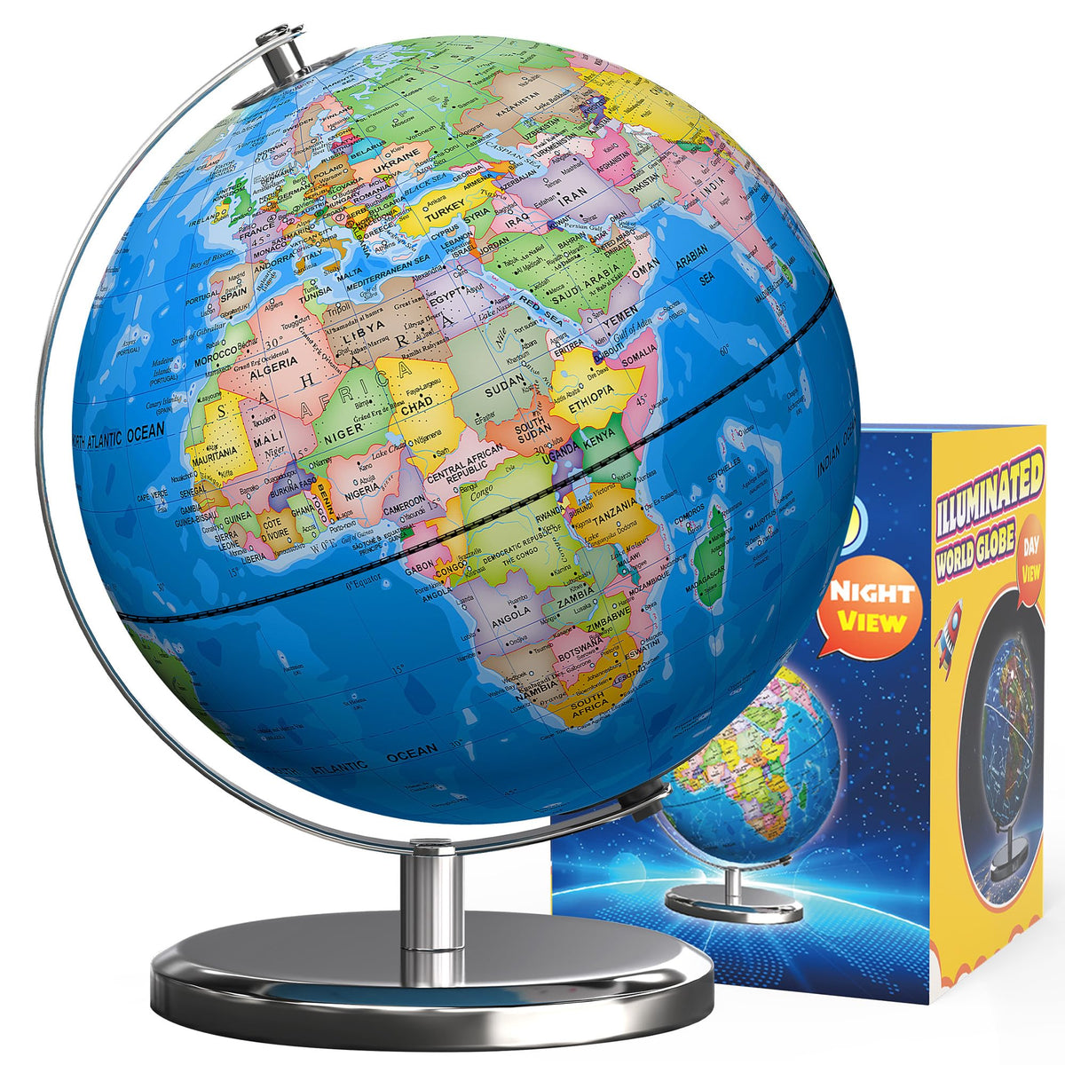 Waldauge illuminated world globe with stand for steady classroom learning.