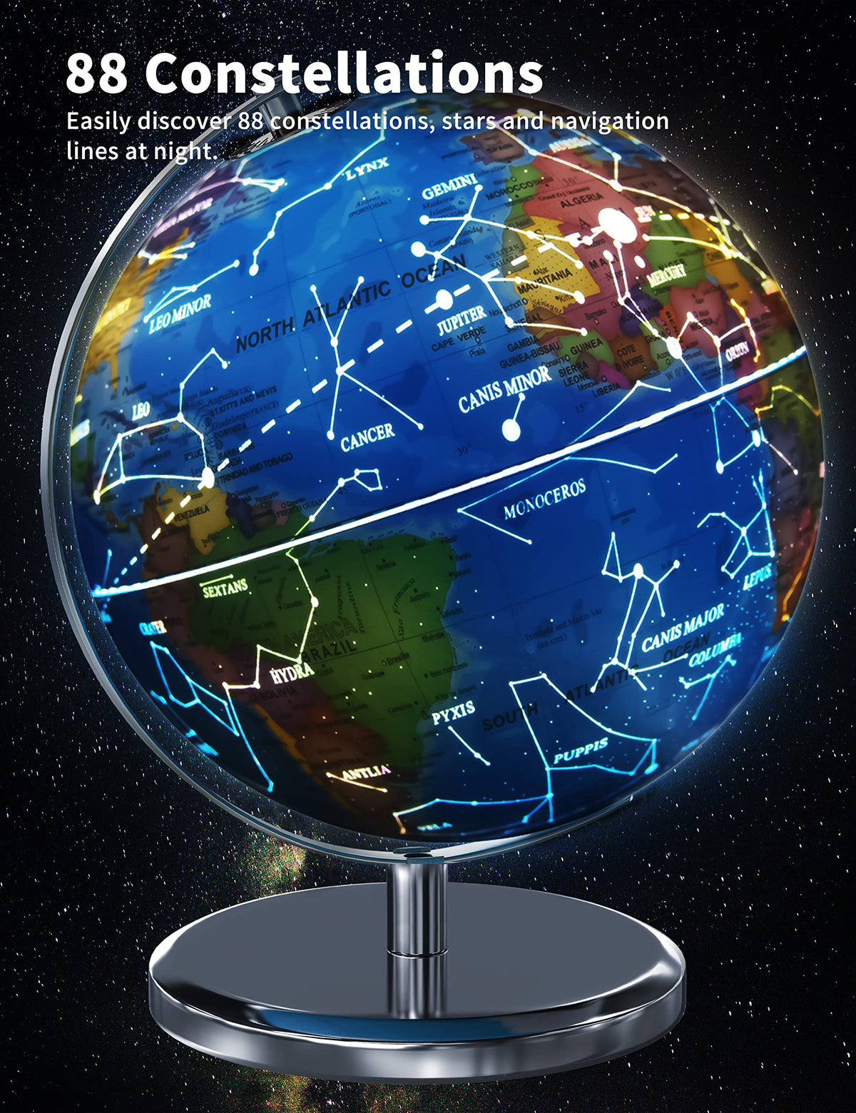 Waldauge educational globe doubles as a night light and learning tool.