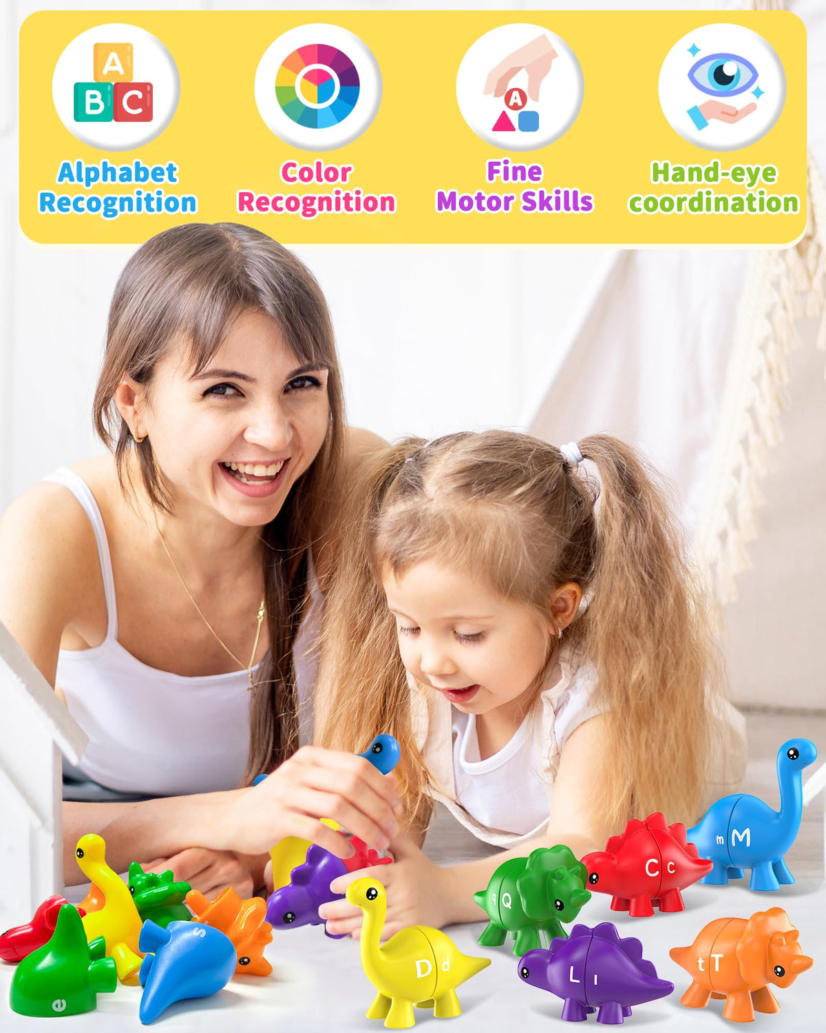 Walenty drawstring bag stores the alphabet dinosaurs after play.