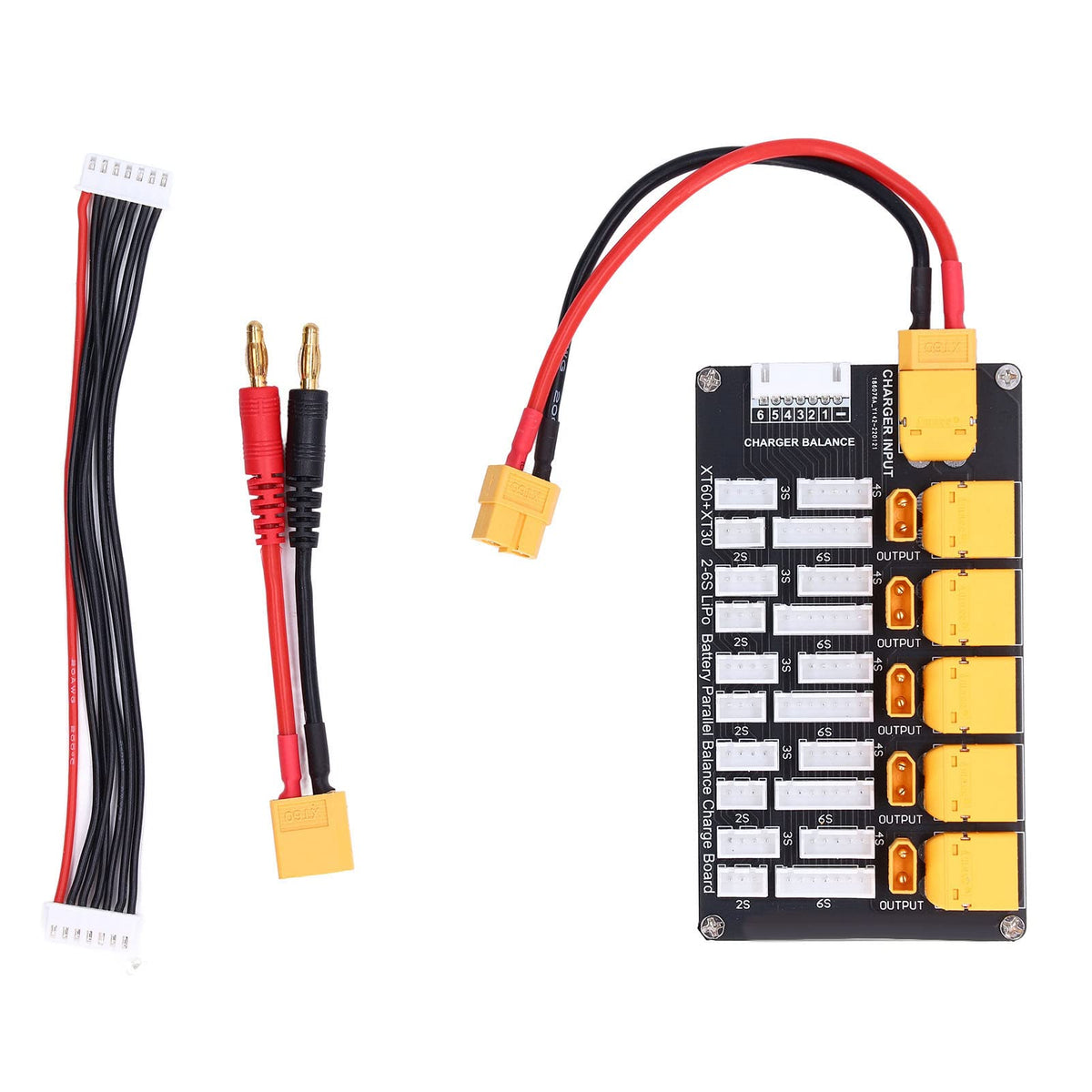 Walfront parallel charging board front view with XT30/XT60 for LiPo packs.