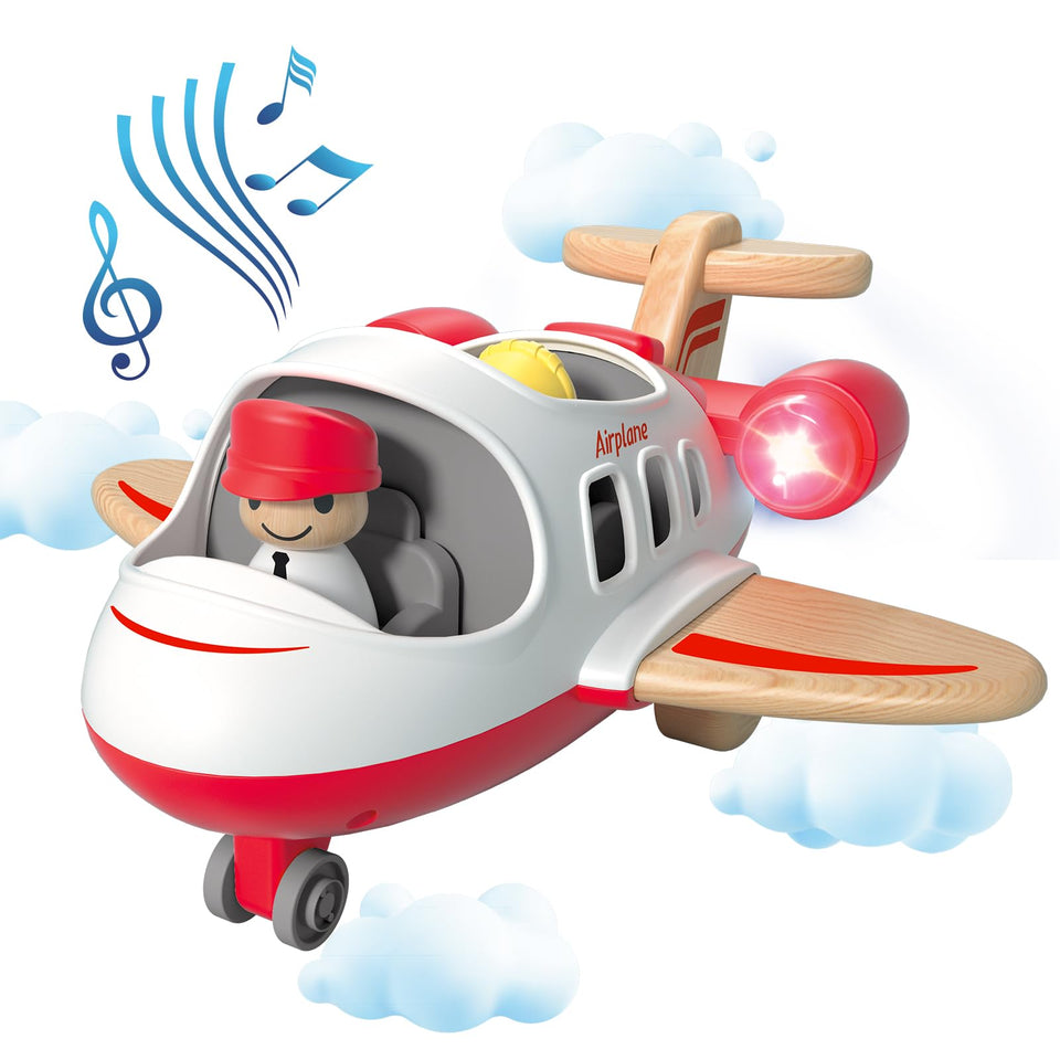 Wanborns wooden airplane toy with lights and sound engages toddlers during play